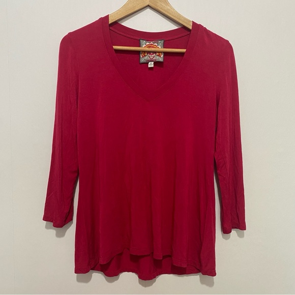 Johnny Was Red V-Neck Top XS Bamboo Blend 3/4 Sleeve Stretch Casual Basic Shirt - Picture 1 of 9